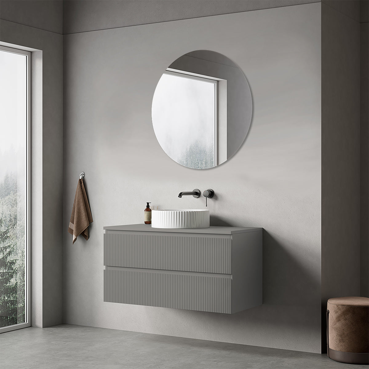 Mobile bagno sospeso cannettato 100 cm Grigio Londra per Lavabo d'appoggio Specchio Tondo - Fiji Paint Top Canneté
