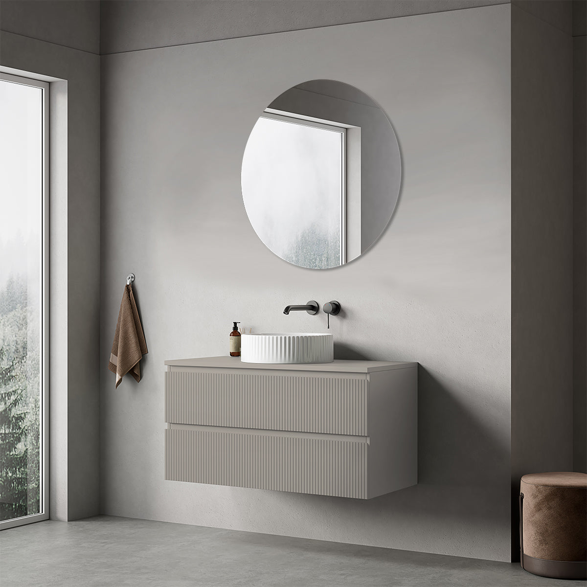 Mobile bagno sospeso cannettato 100 cm Grigio Cenere per Lavabo d'appoggio Specchio Tondo - Fiji Paint Top Canneté
