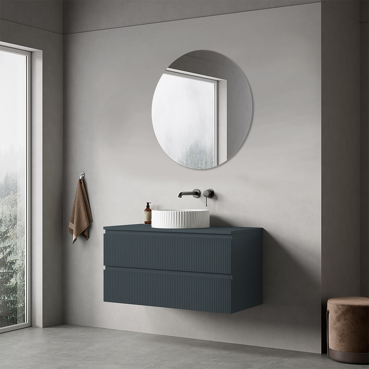 Mobile bagno sospeso cannettato 100 cm Blu Mare per Lavabo d'appoggio Specchio Tondo - Fiji Paint Top Canneté