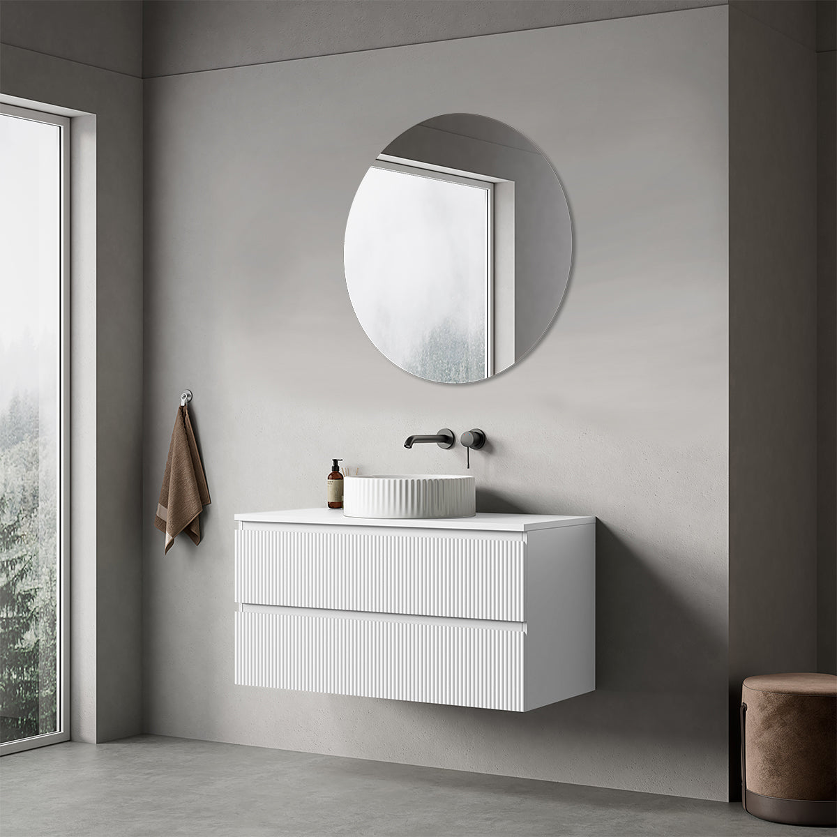 Mobile bagno sospeso cannettato 100 cm Bianco Opaco  per Lavabo d'appoggio Specchio Tondo - Fiji Paint Top Canneté