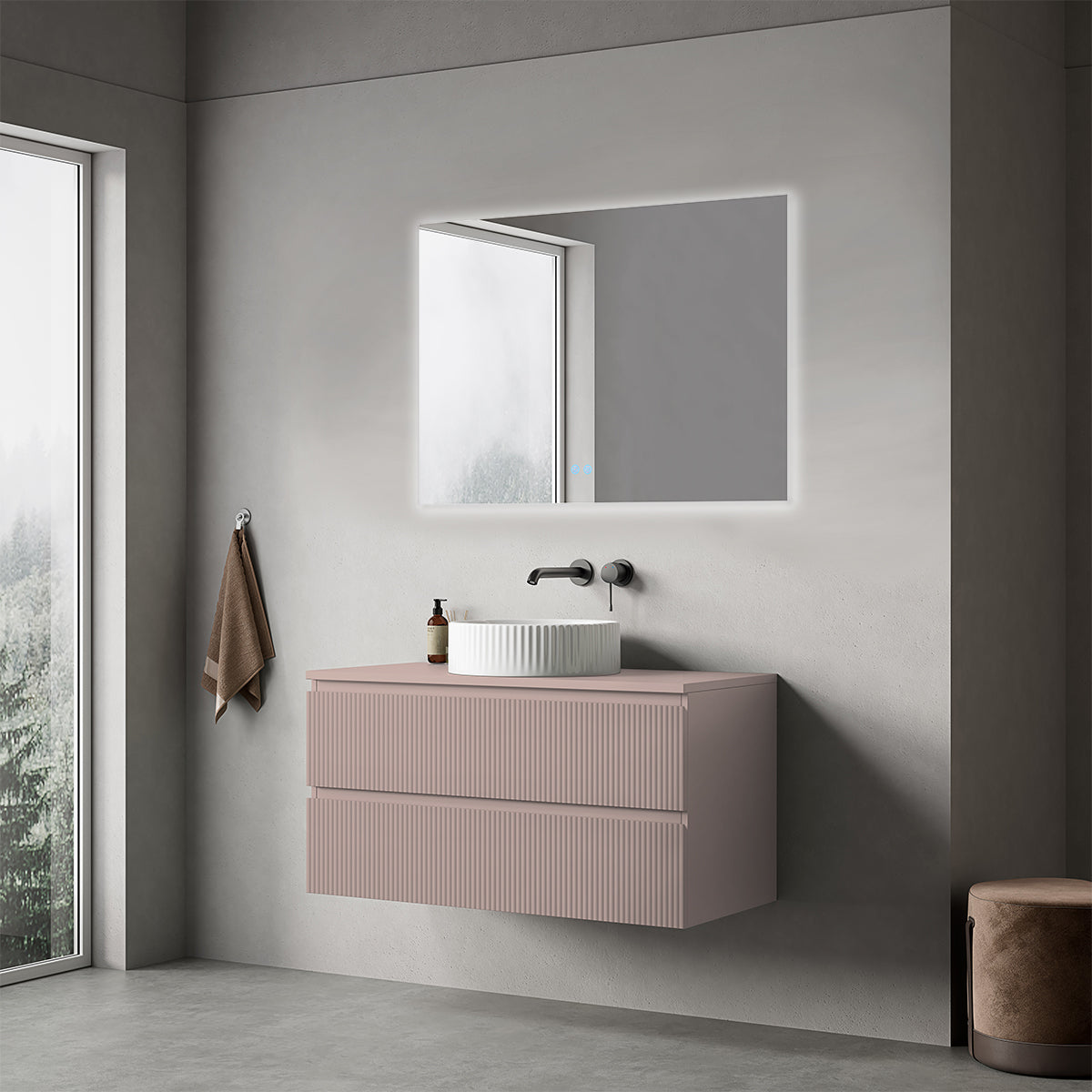 Mobile bagno sospeso cannettato 100 cm Rosa Retrò per Lavabo d'appoggio Specchio Quadro Retroilluminato - Fiji Paint Top Canneté