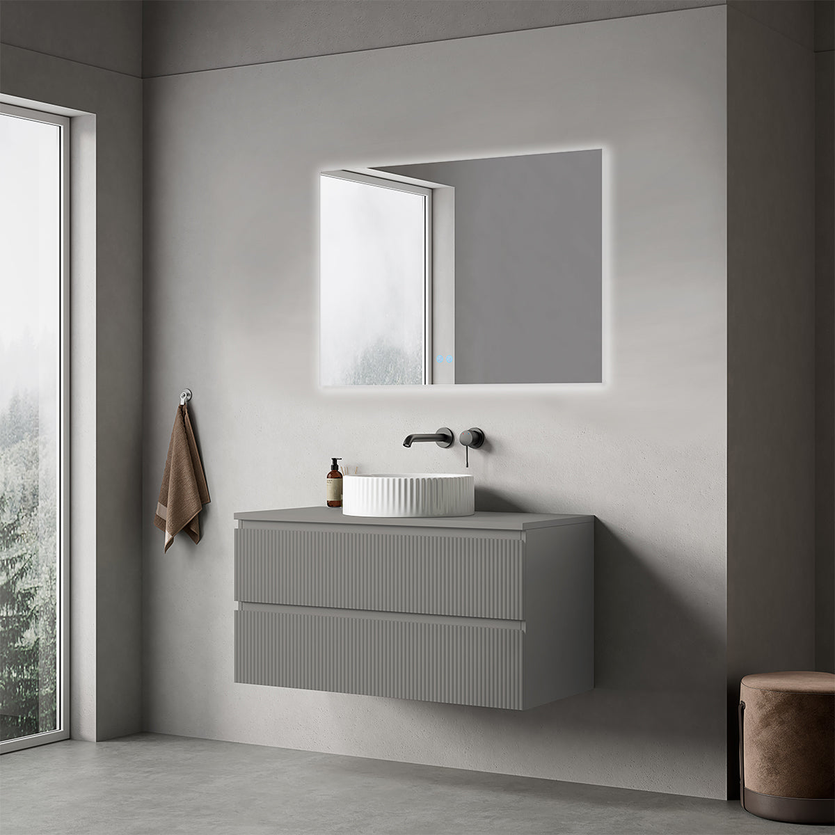 Mobile bagno sospeso cannettato 100 cm Grigio Londra per Lavabo d'appoggio Specchio Quadro Retroilluminato - Fiji Paint Top Canneté