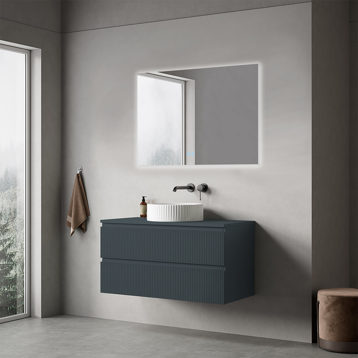 Mobile bagno sospeso cannettato 100 cm Blu Mare per Lavabo d'appoggio Specchio Quadro Retroilluminato - Fiji Paint Top Canneté