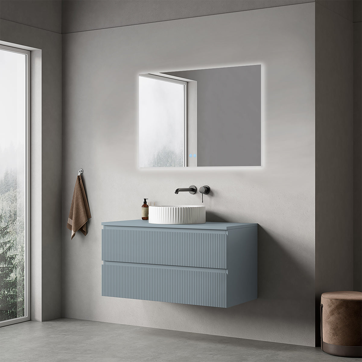 Mobile bagno sospeso cannettato 100 cm Blu Avio per Lavabo d'appoggio Specchio Quadro Retroilluminato - Fiji Paint Top Canneté