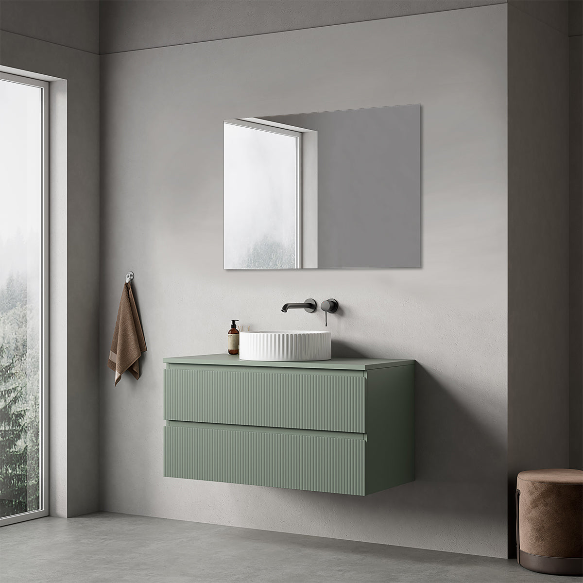 Mobile bagno sospeso cannettato 100 cm Verde Salvia per Lavabo d'appoggio Specchio Quadro - Fiji Paint Top Canneté