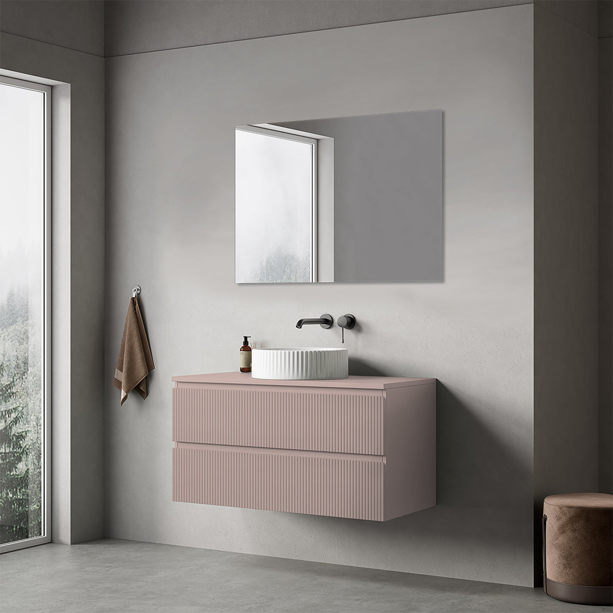 Mobile bagno sospeso cannettato 100 cm Rosa Retrò per Lavabo d'appoggio Specchio Quadro - Fiji Paint Top Canneté