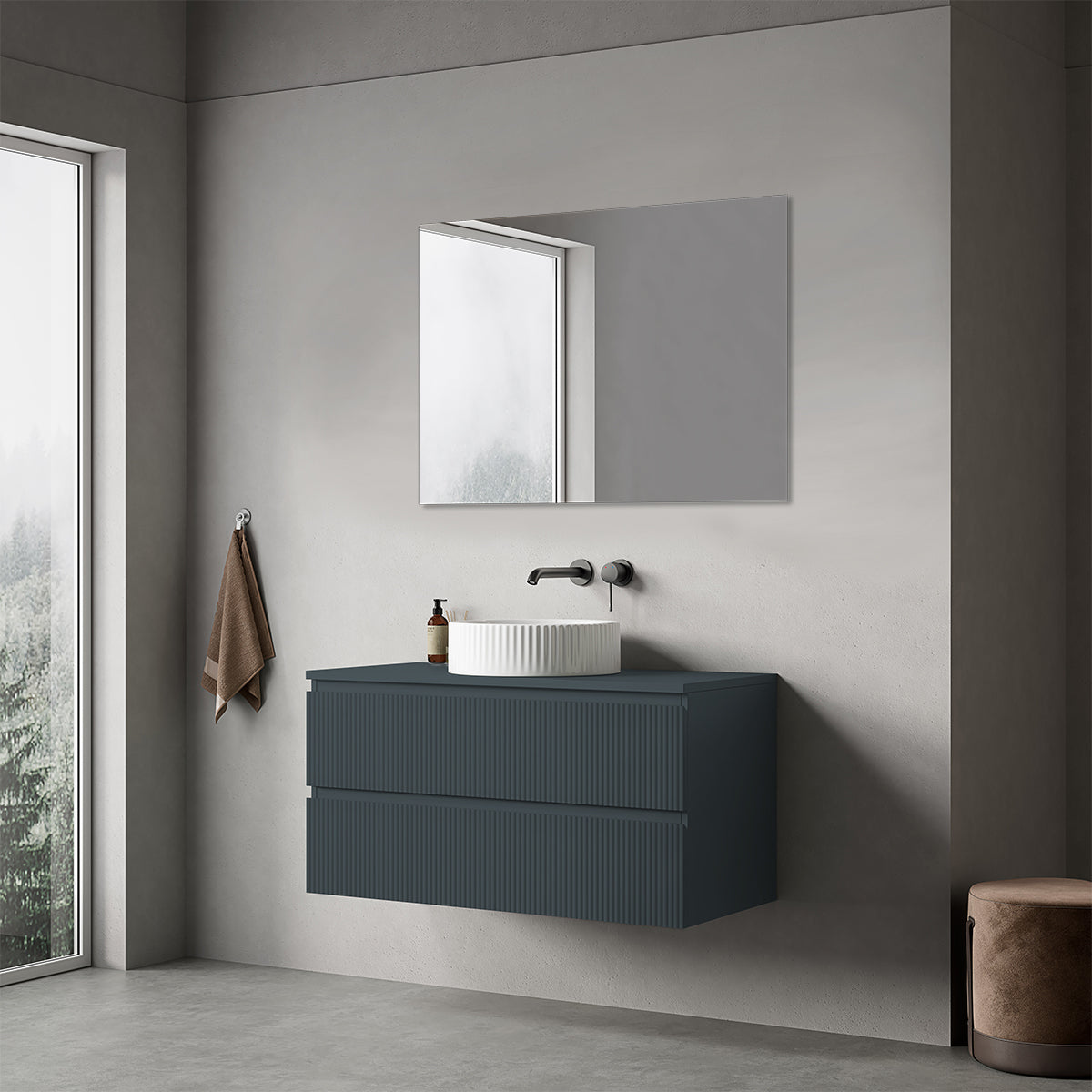 Mobile bagno sospeso cannettato 100 cm Blu Mare per Lavabo d'appoggio Specchio Quadro - Fiji Paint Top Canneté