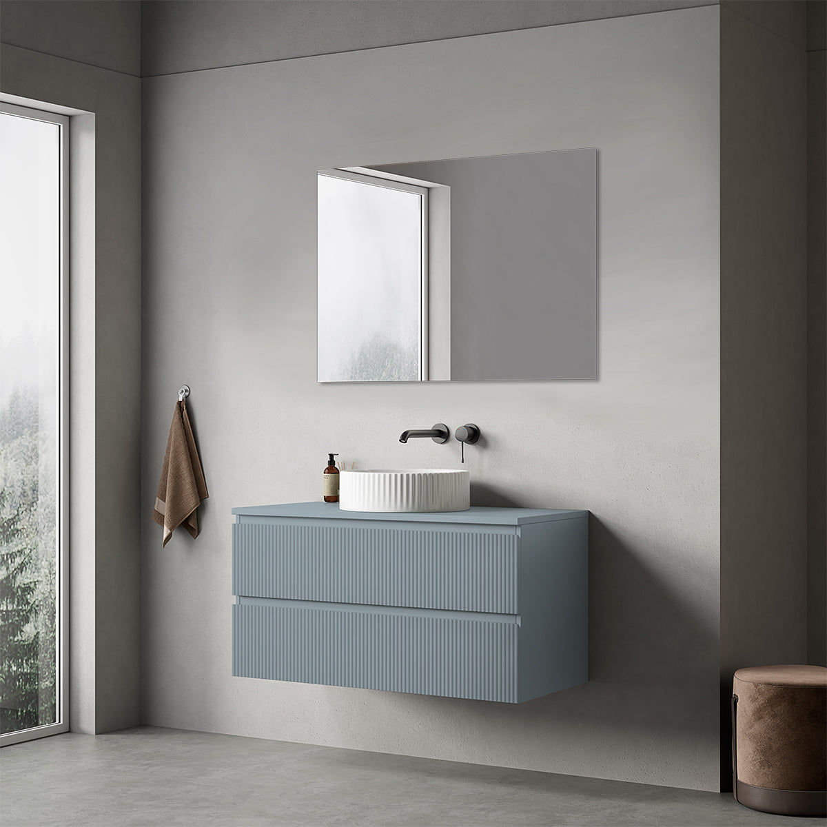 Mobile bagno sospeso cannettato 100 cm Blu Avio per Lavabo d'appoggio Specchio Quadro - Fiji Paint Top Canneté