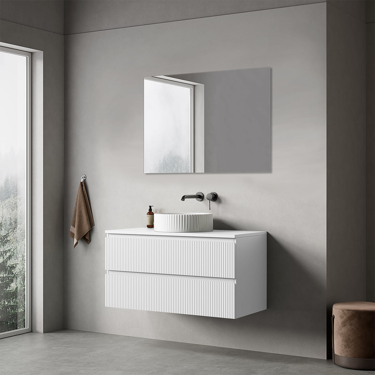 Mobile bagno sospeso cannettato 100 cm Bianco Opaco  per Lavabo d'appoggio Specchio Quadro - Fiji Paint Top Canneté