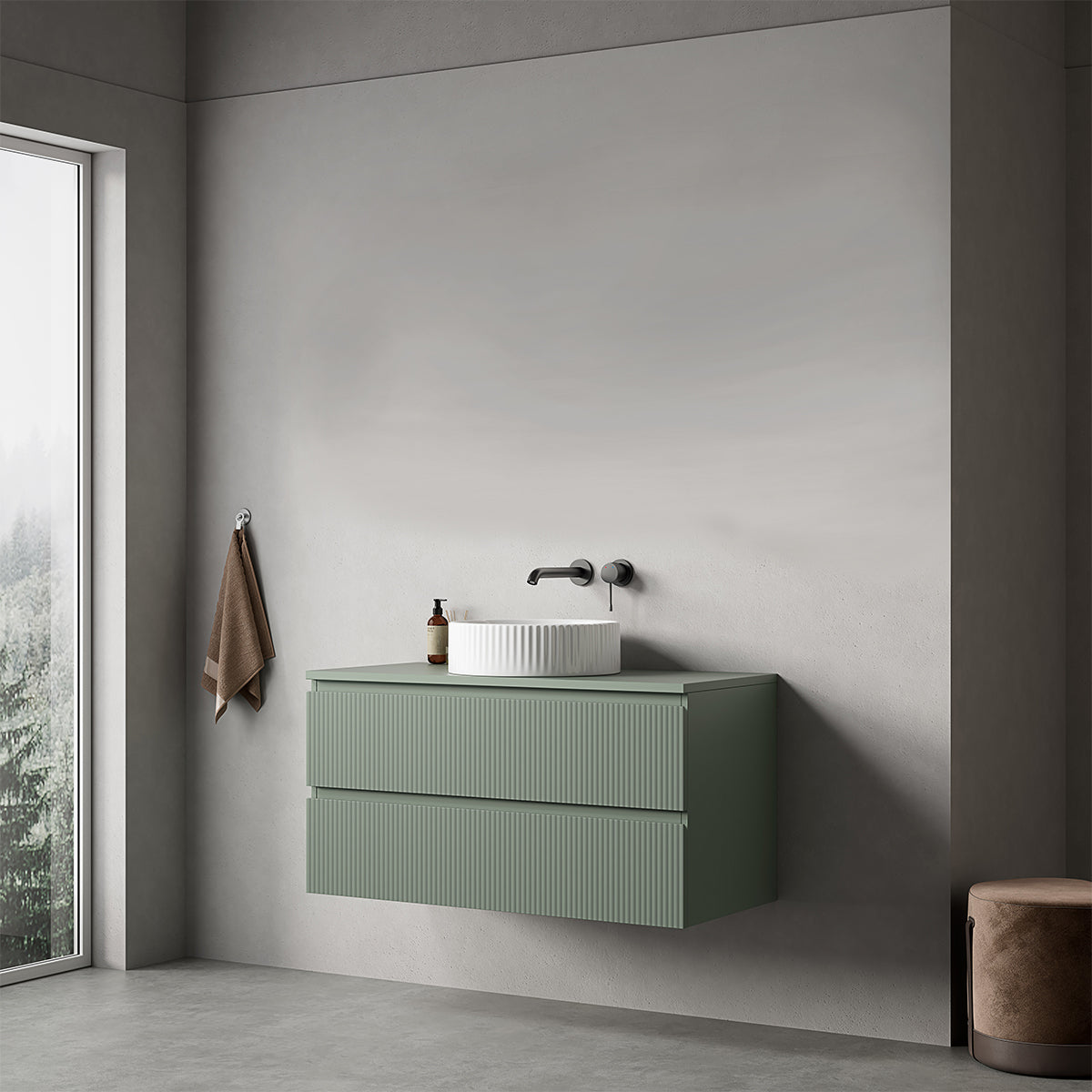 Mobile bagno sospeso cannettato 100 cm Verde Salvia per Lavabo d'appoggio Senza Specchio - Fiji Paint Top Canneté