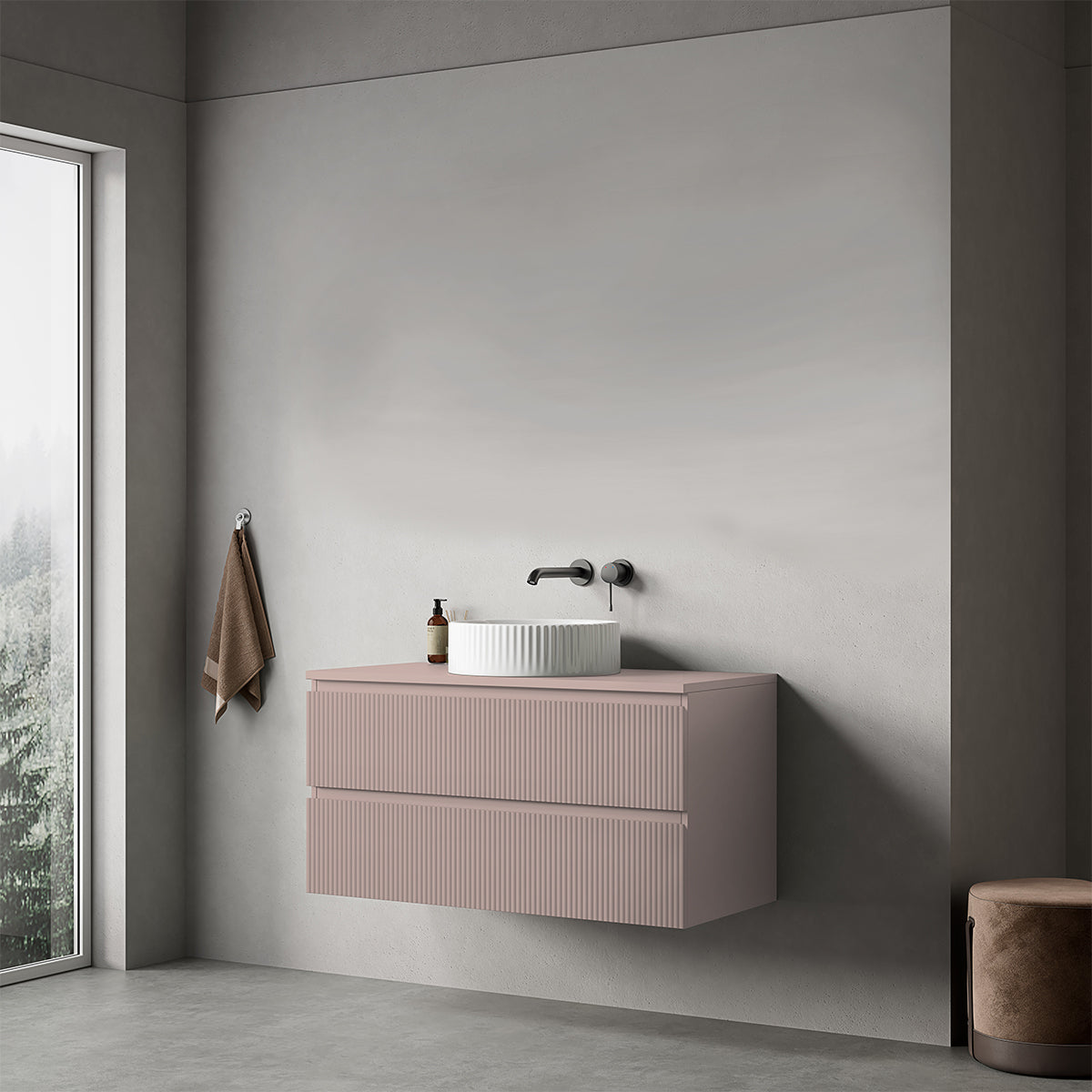 Mobile bagno sospeso cannettato 100 cm Rosa Retrò per Lavabo d'appoggio Senza Specchio - Fiji Paint Top Canneté
