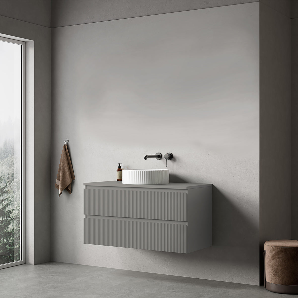 Mobile bagno sospeso cannettato 100 cm Grigio Londra per Lavabo d'appoggio Senza Specchio - Fiji Paint Top Canneté