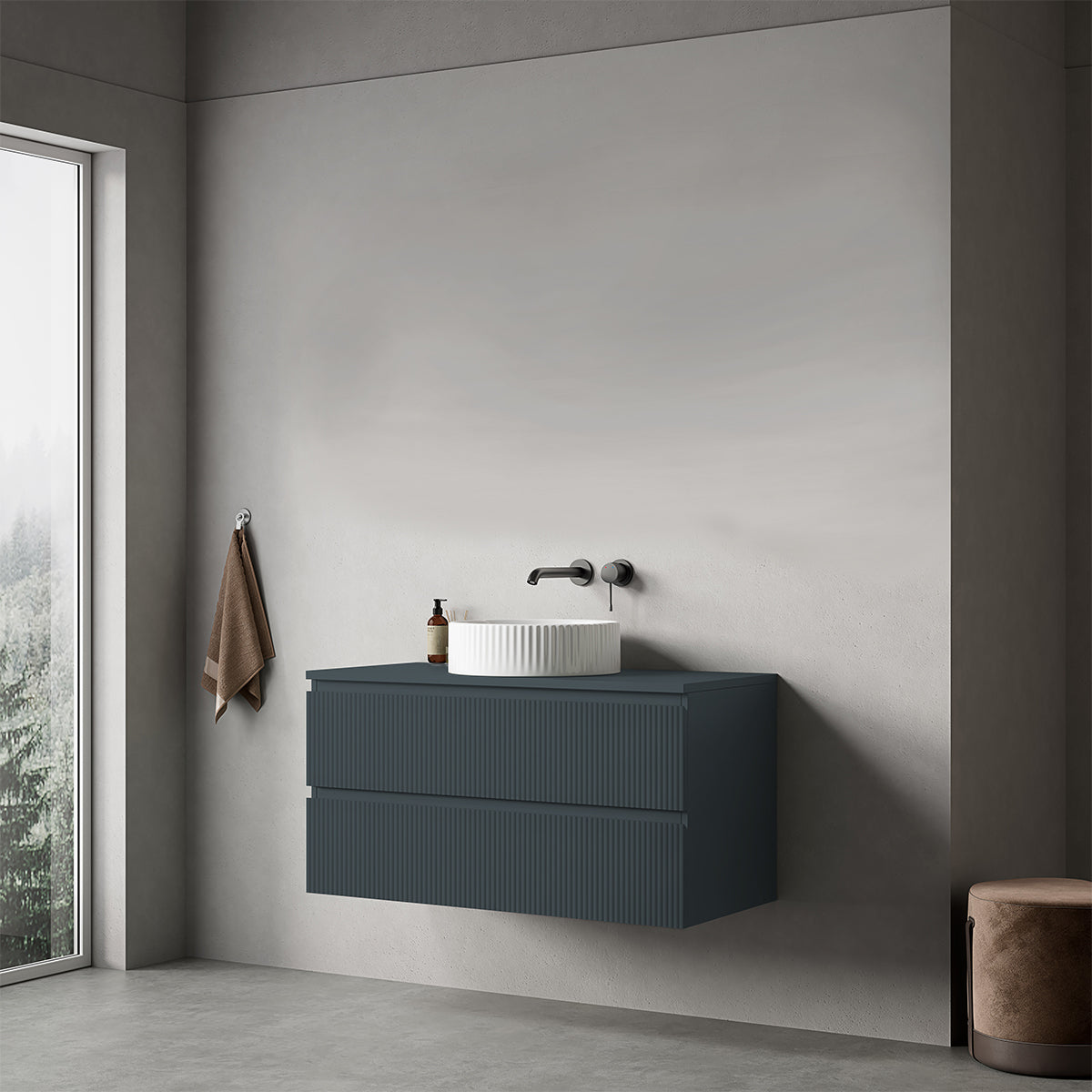 Mobile bagno sospeso cannettato 100 cm Blu Mare per Lavabo d'appoggio Senza Specchio - Fiji Paint Top Canneté