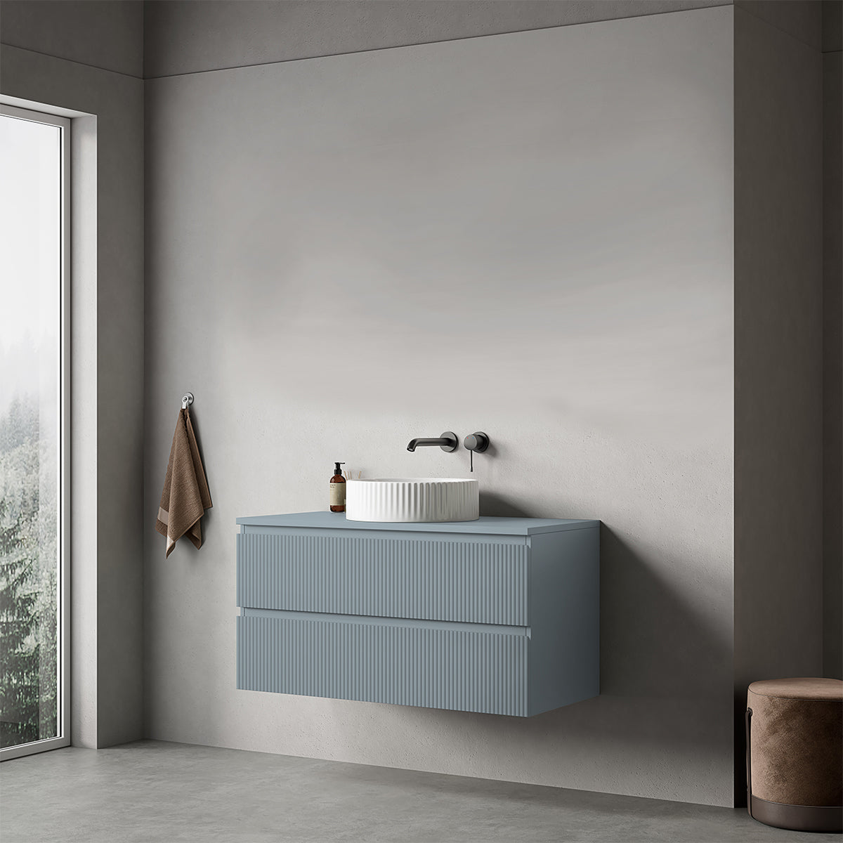 Mobile bagno sospeso cannettato 100 cm Blu Avio per Lavabo d'appoggio Senza Specchio - Fiji Paint Top Canneté