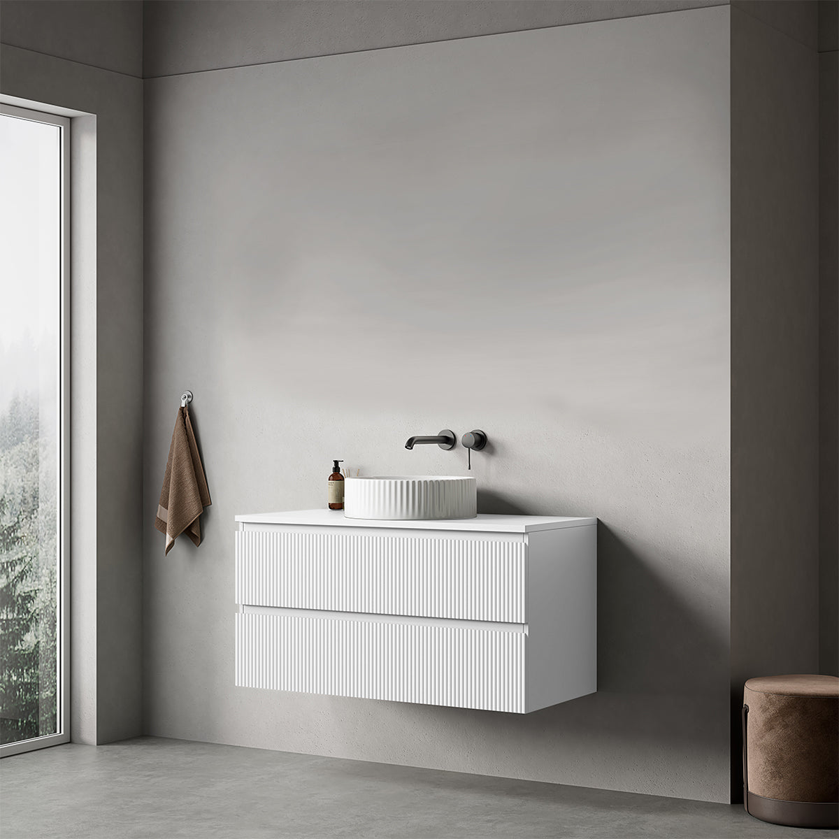 Mobile bagno sospeso cannettato 100 cm Bianco Opaco  per Lavabo d'appoggio Senza Specchio - Fiji Paint Top Canneté