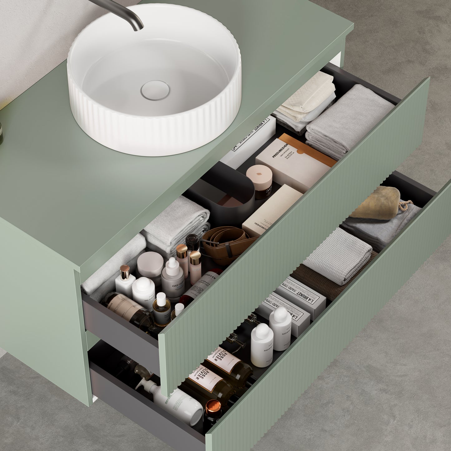 Mobile bagno sospeso cannettato 100 cm Verde Salvia per Lavabo d'appoggio Specchio Quadro - Fiji Paint Top Canneté