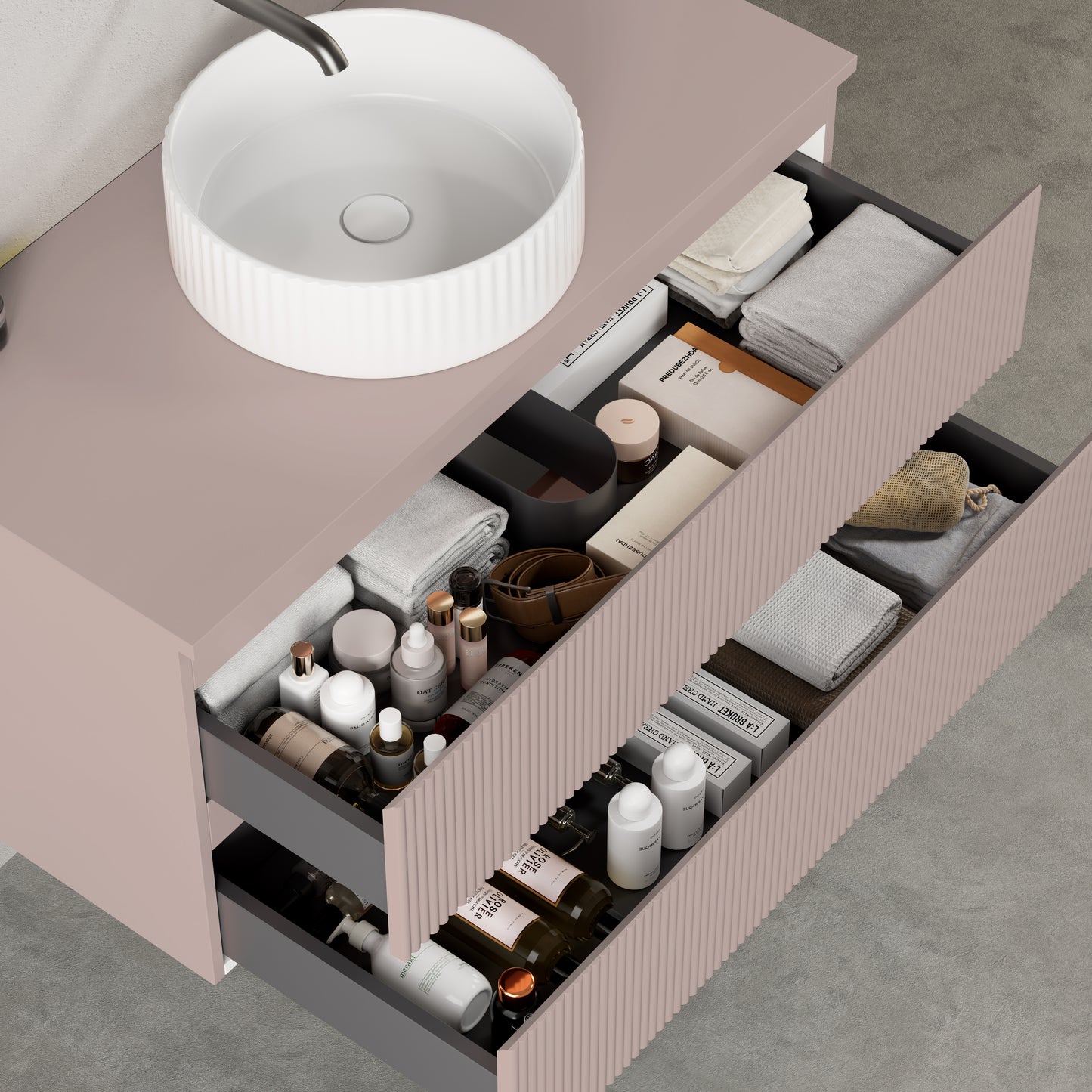 Mobile bagno sospeso cannettato 100 cm Rosa Retrò per Lavabo d'appoggio Specchio Quadro Retroilluminato - Fiji Paint Top Canneté