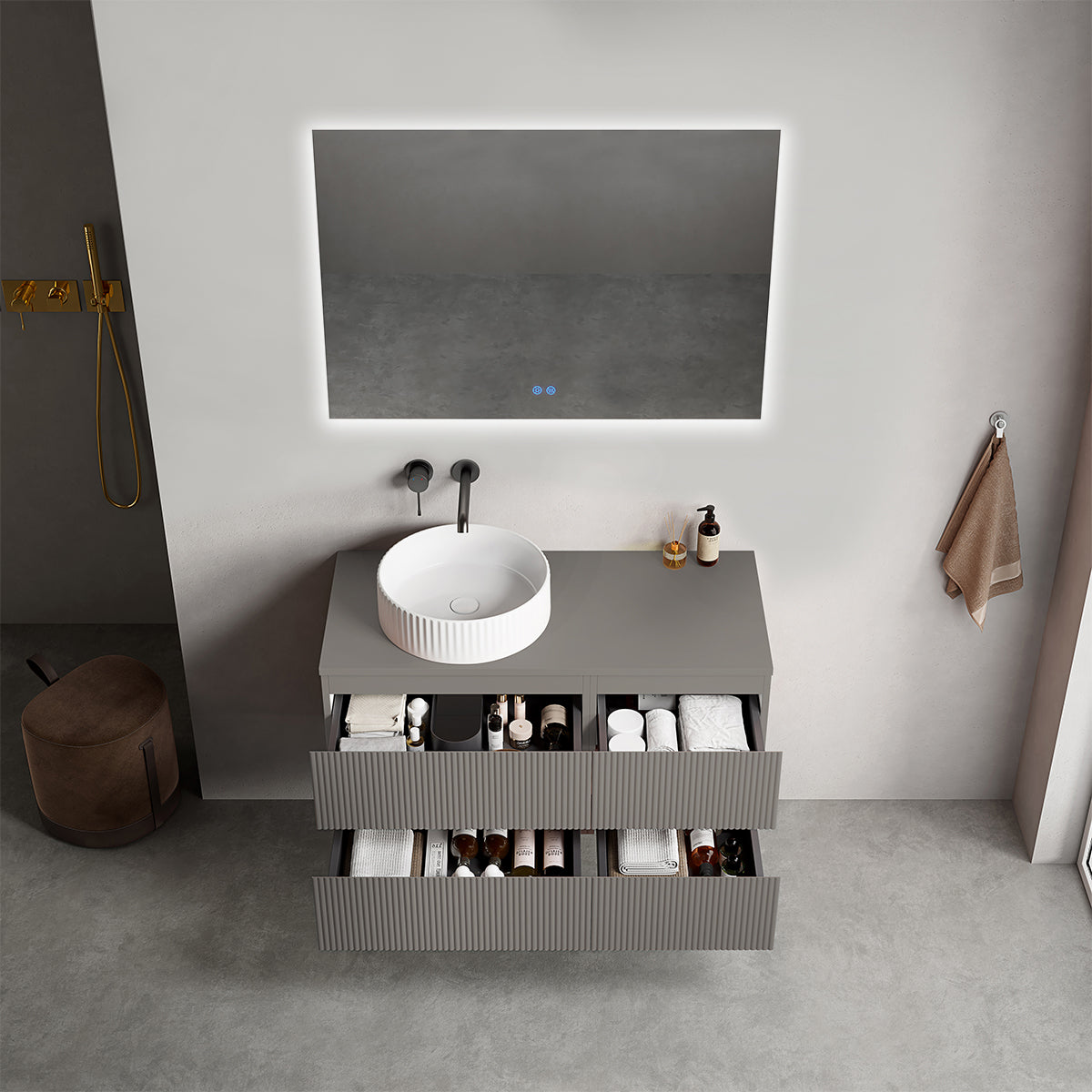 Mobile bagno sospeso cannettato reversibile  100 cm Grigio Londra per Lavabo d'appoggio Specchio Quadro Retroilluminato - Fiji Paint Top Canneté