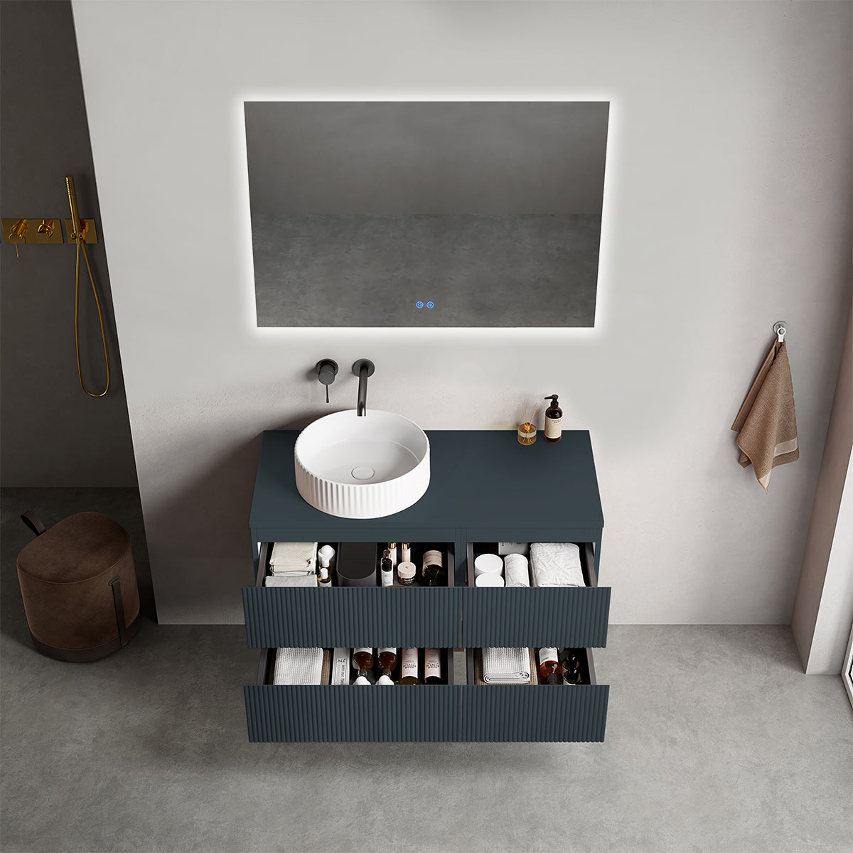 Mobile bagno sospeso cannettato reversibile  100 cm Blu Mare per Lavabo d'appoggio Specchio Quadro Retroilluminato - Fiji Paint Top Canneté