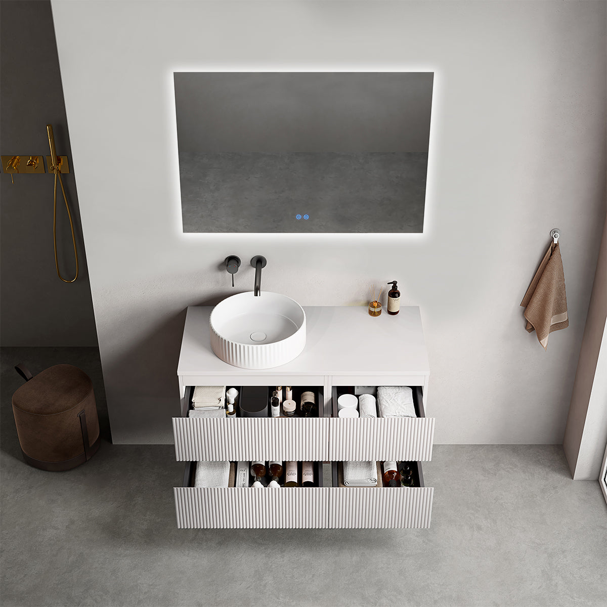 Mobile bagno sospeso cannettato reversibile  100 cm Bianco Opaco per Lavabo d'appoggio Specchio Quadro Retroilluminato - Fiji Paint Top Canneté