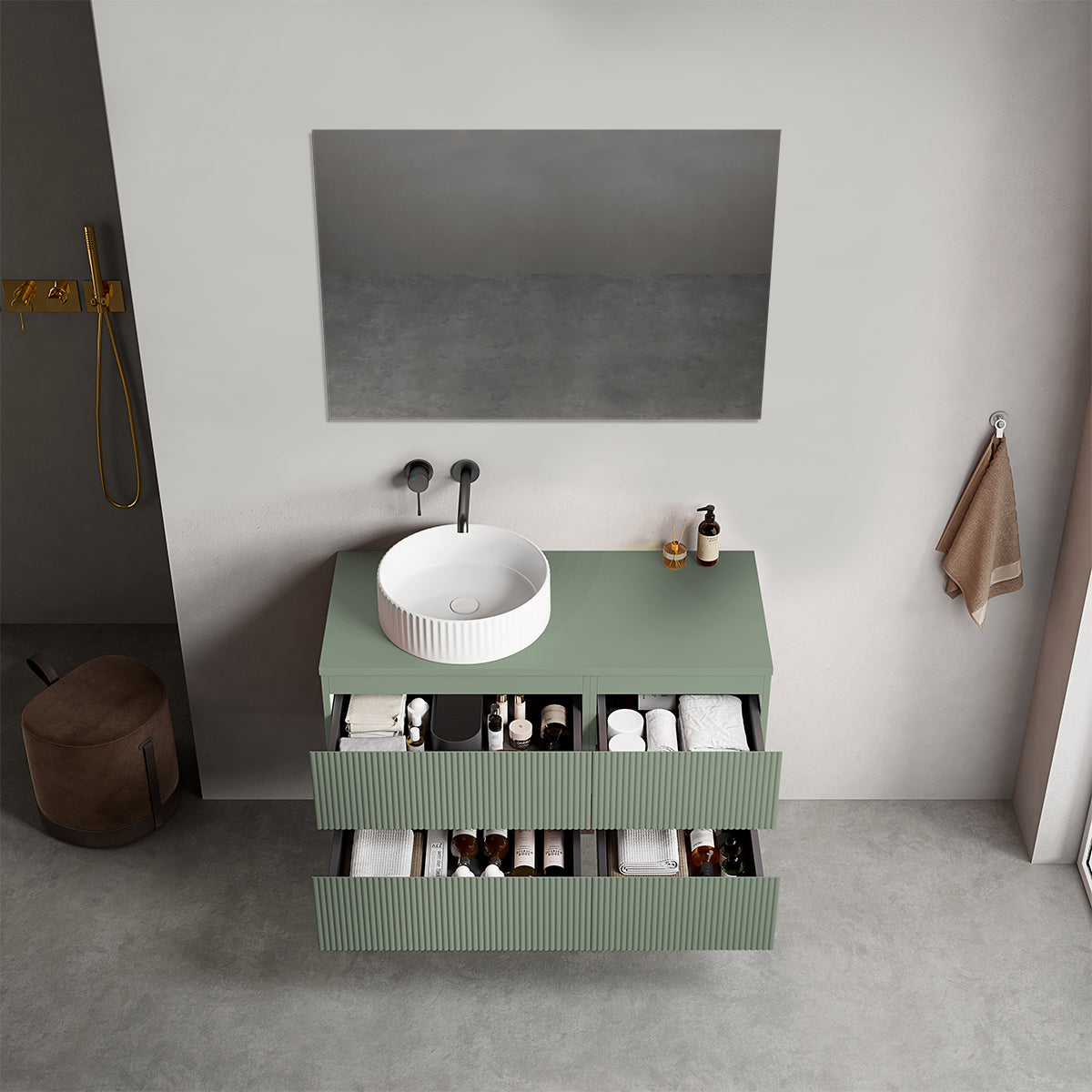 Mobile bagno sospeso cannettato reversibile  100 cm Verde Salvia per Lavabo d'appoggio Specchio Quadro - Fiji Paint Top Canneté