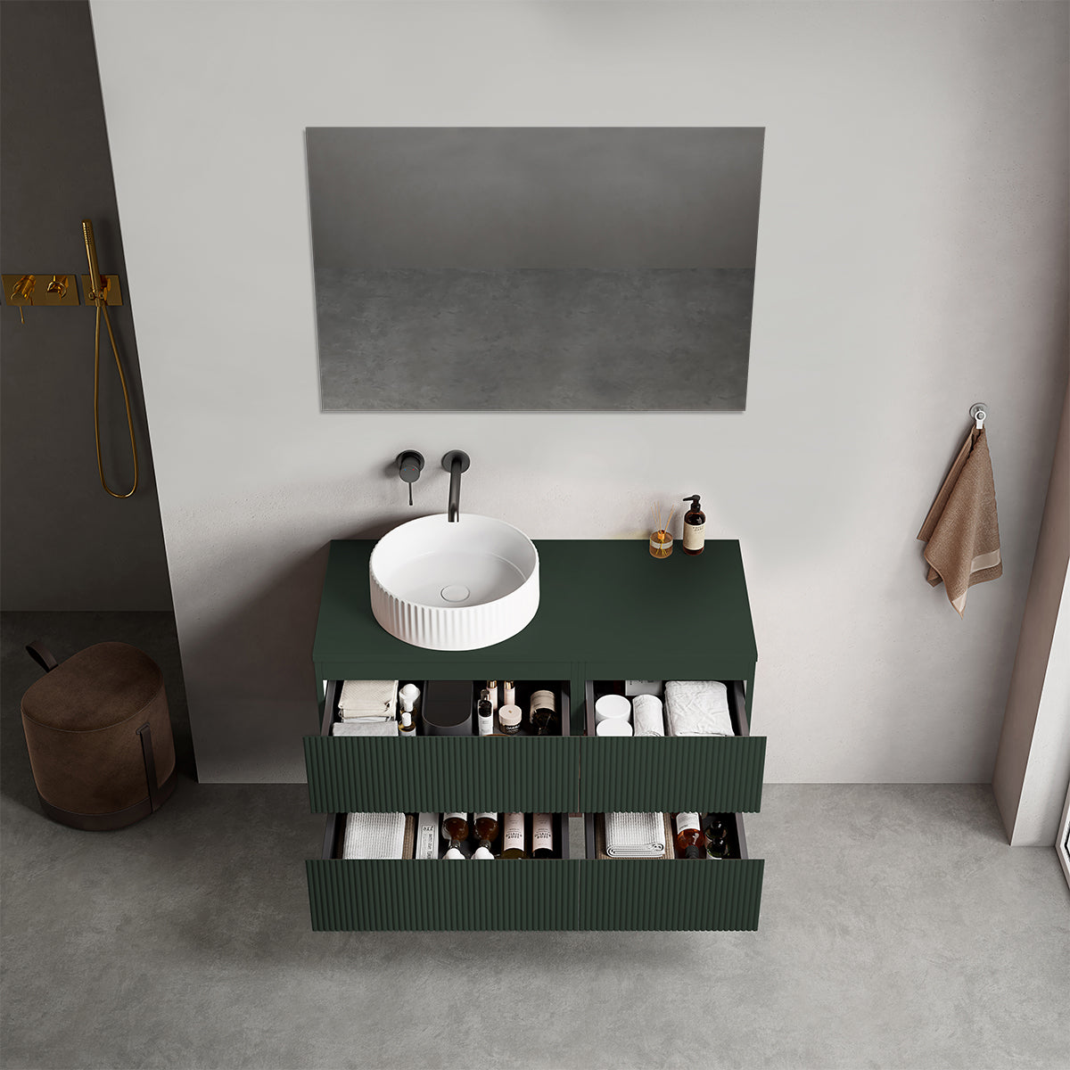 Mobile bagno sospeso cannettato reversibile  100 cm Verde Comodoro  per Lavabo d'appoggio Specchio Quadro - Fiji Paint Top Canneté