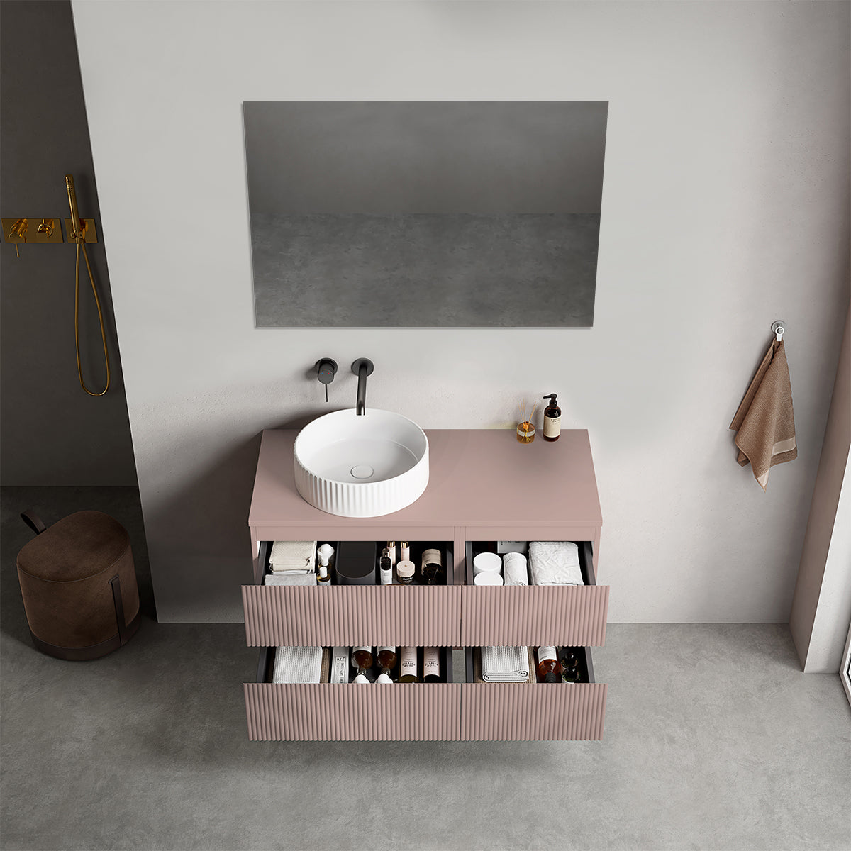 Mobile bagno sospeso cannettato reversibile  100 cm Rosa Retrò per Lavabo d'appoggio Specchio Quadro - Fiji Paint Top Canneté