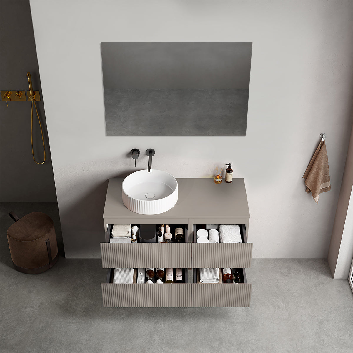 Mobile bagno sospeso cannettato reversibile  100 cm Grigio Cenere  per Lavabo d'appoggio Specchio Quadro - Fiji Paint Top Canneté