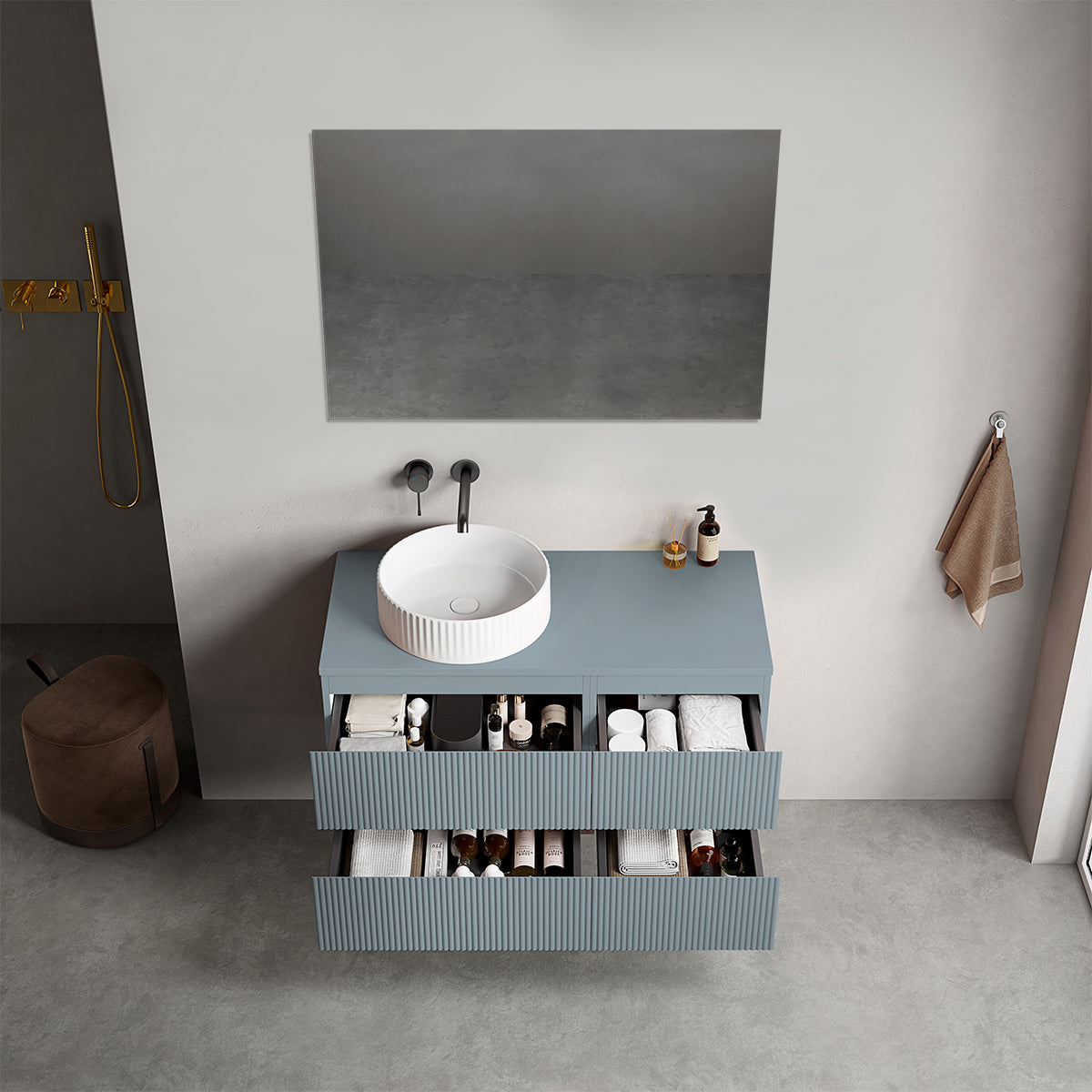 Mobile bagno sospeso cannettato reversibile  100 cm Blu Avio per Lavabo d'appoggio Specchio Quadro - Fiji Paint Top Canneté