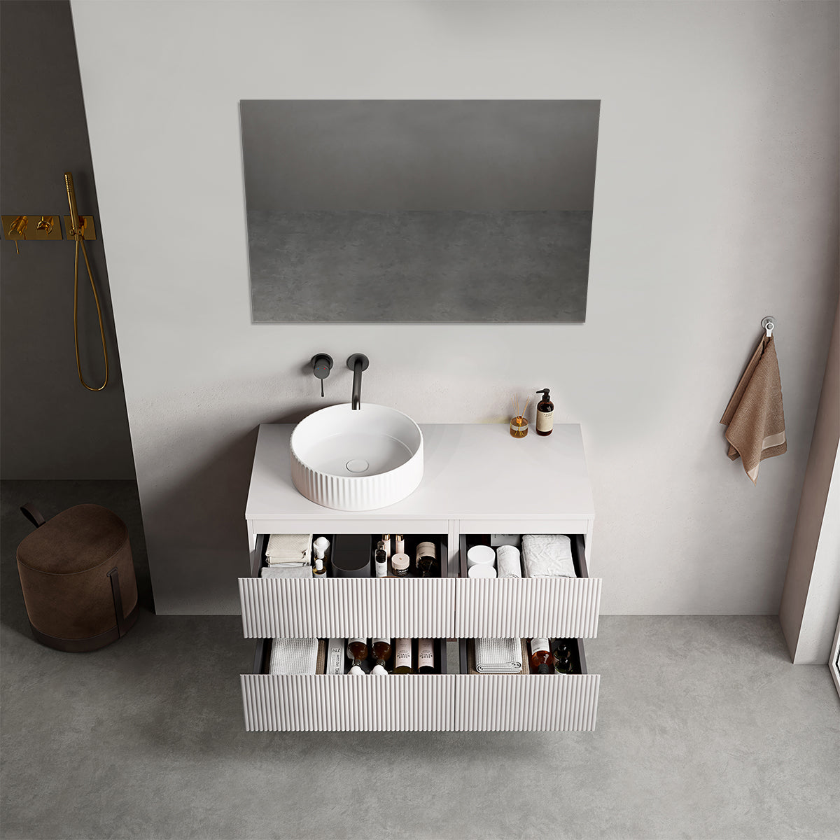 Mobile bagno sospeso cannettato reversibile  100 cm Bianco Opaco per Lavabo d'appoggio Specchio Quadro - Fiji Paint Top Canneté