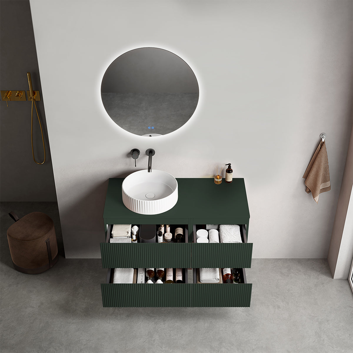 Mobile bagno sospeso cannettato reversibile  100 cm Verde Comodoro  per Lavabo d'appoggio Specchio Tondo Retroilluminato - Fiji Paint Top Canneté