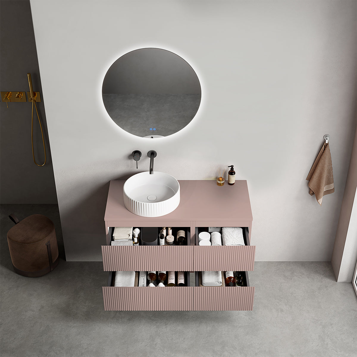 Mobile bagno sospeso cannettato reversibile  100 cm Rosa Retrò per Lavabo d'appoggio Specchio Tondo Retroilluminato - Fiji Paint Top Canneté