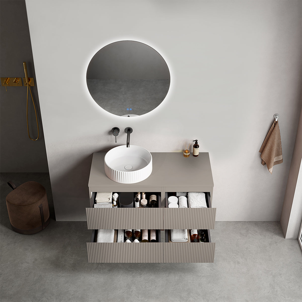 Mobile bagno sospeso cannettato reversibile  100 cm Grigio Cenere  per Lavabo d'appoggio Specchio Tondo Retroilluminato - Fiji Paint Top Canneté