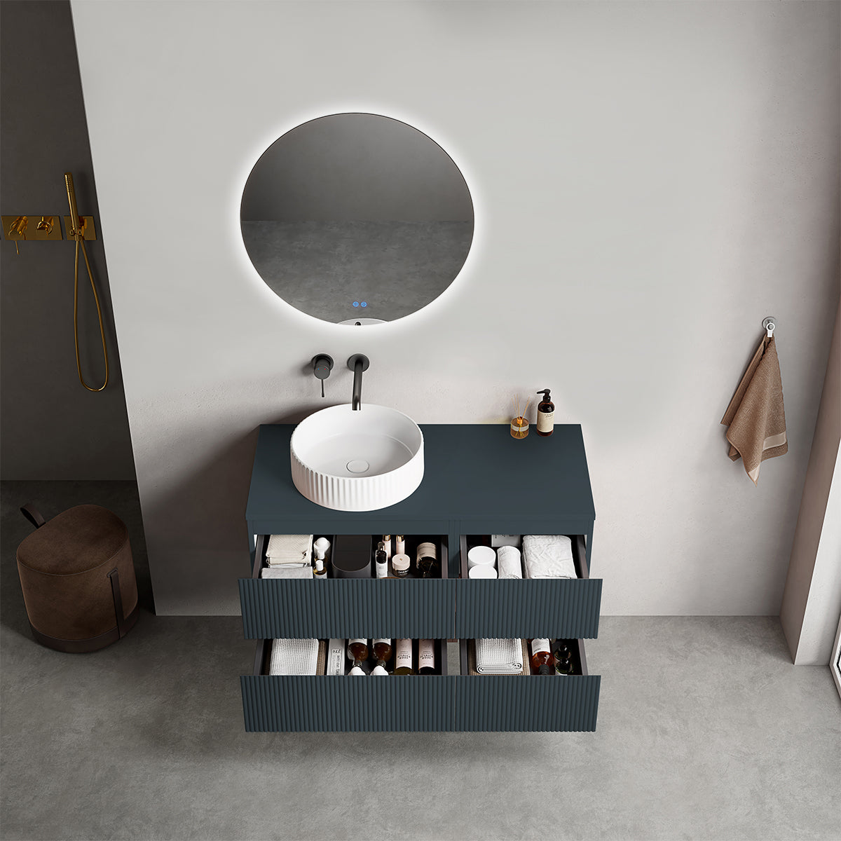 Mobile bagno sospeso cannettato reversibile  100 cm Blu Mare per Lavabo d'appoggio Specchio Tondo Retroilluminato - Fiji Paint Top Canneté