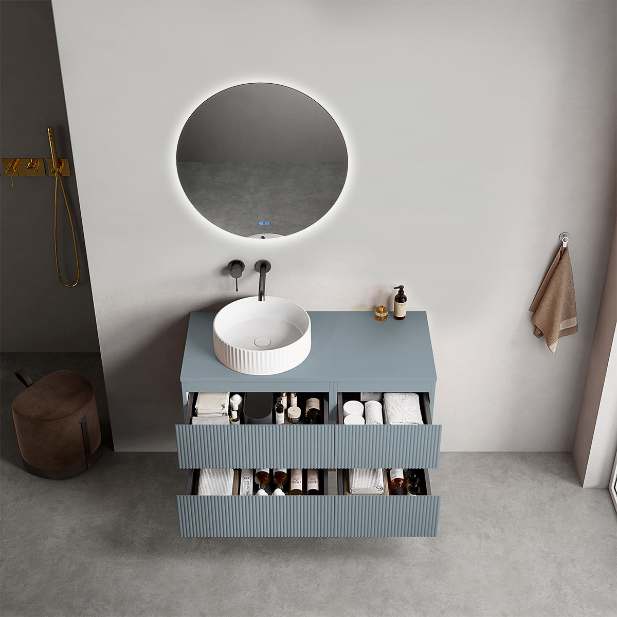 Mobile bagno sospeso cannettato reversibile  100 cm Blu Avio per Lavabo d'appoggio Specchio Tondo Retroilluminato - Fiji Paint Top Canneté