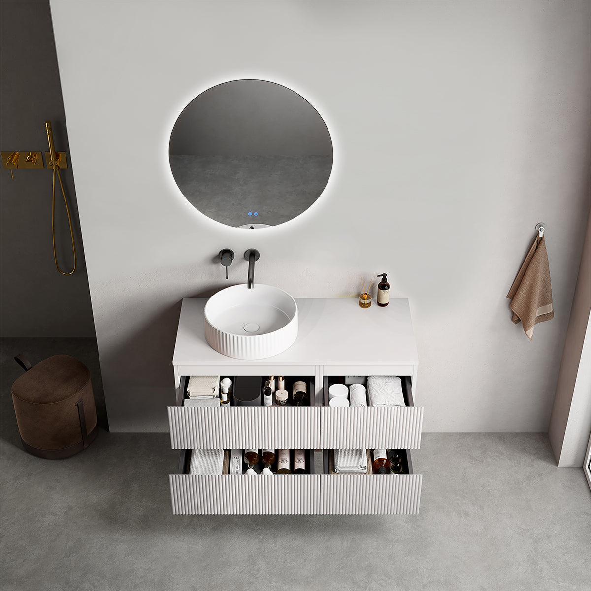 Mobile bagno sospeso cannettato reversibile  100 cm Bianco Opaco per Lavabo d'appoggio Specchio Tondo Retroilluminato - Fiji Paint Top Canneté