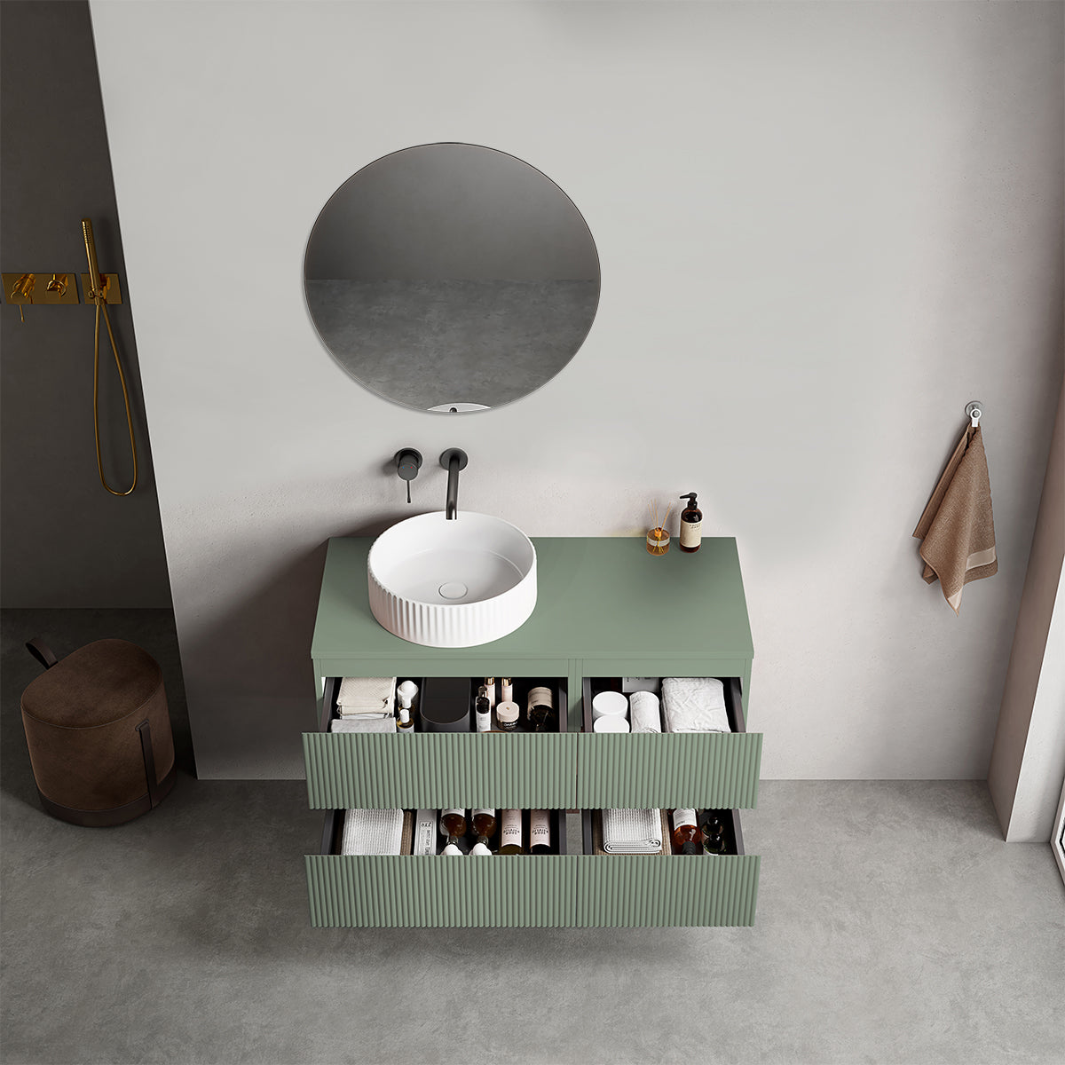 Mobile bagno sospeso cannettato reversibile  100 cm Verde Salvia per Lavabo d'appoggio Specchio Tondo - Fiji Paint Top Canneté