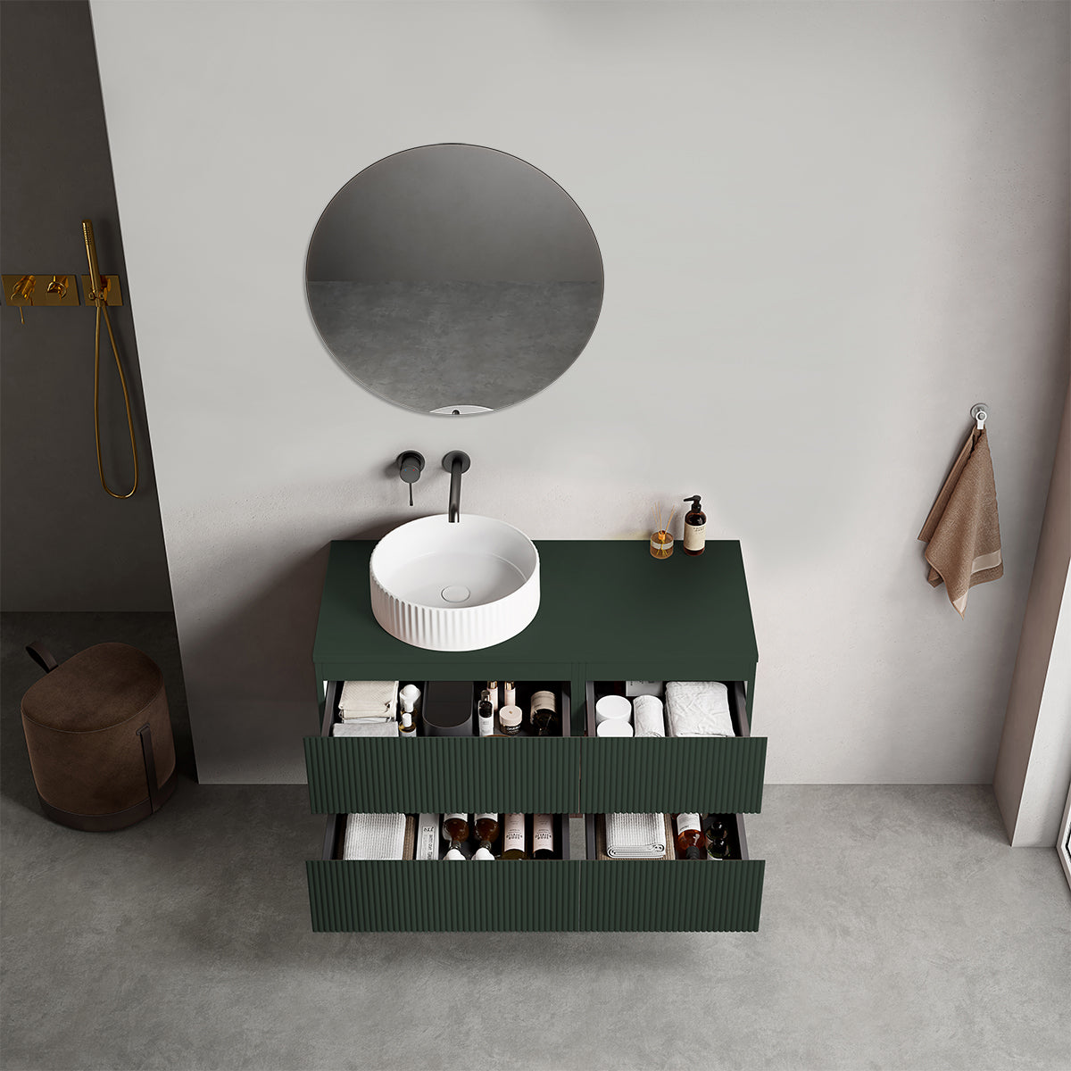 Mobile bagno sospeso cannettato reversibile  100 cm Verde Comodoro  per Lavabo d'appoggio Specchio Tondo - Fiji Paint Top Canneté