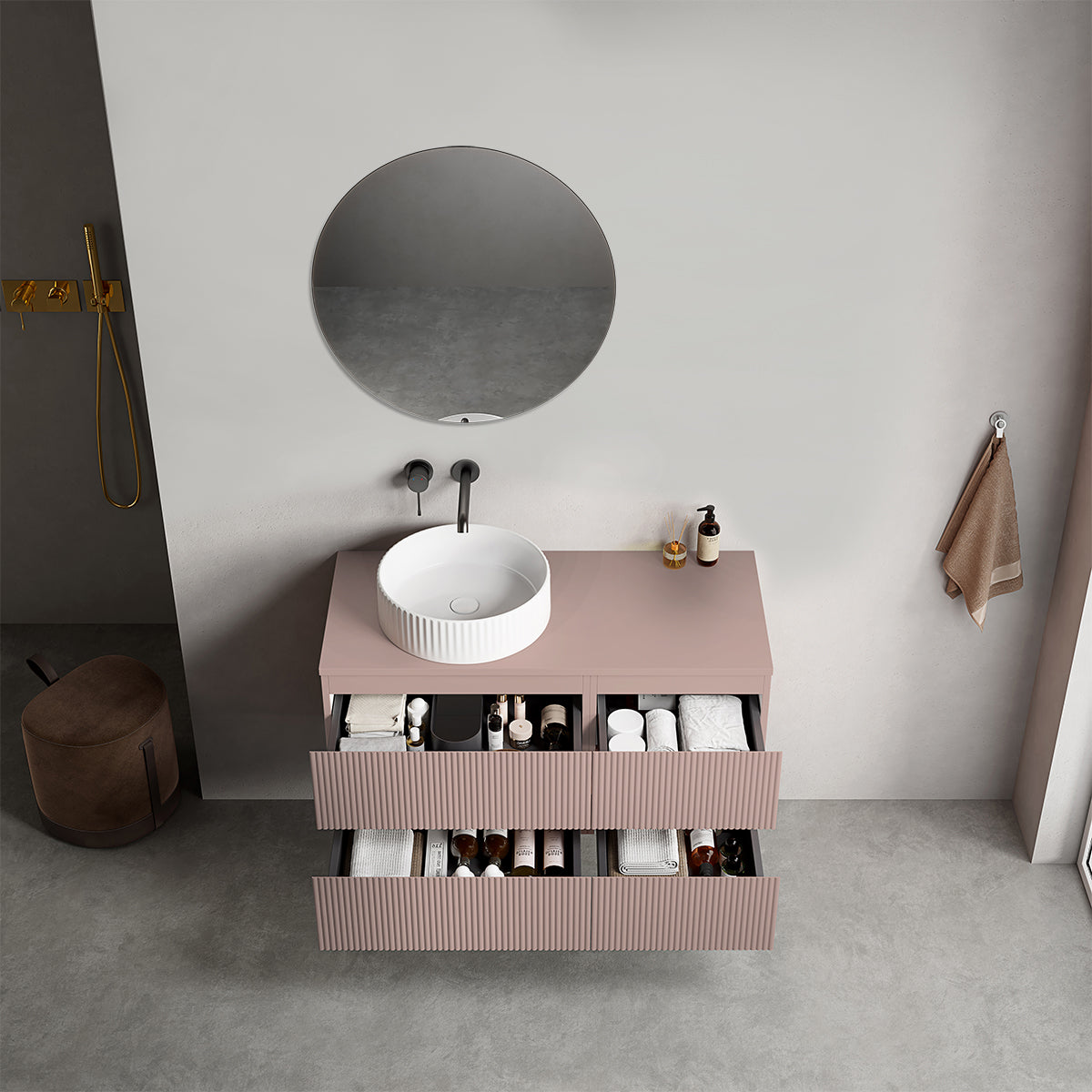 Mobile bagno sospeso cannettato reversibile  100 cm Rosa Retrò per Lavabo d'appoggio Specchio Tondo - Fiji Paint Top Canneté