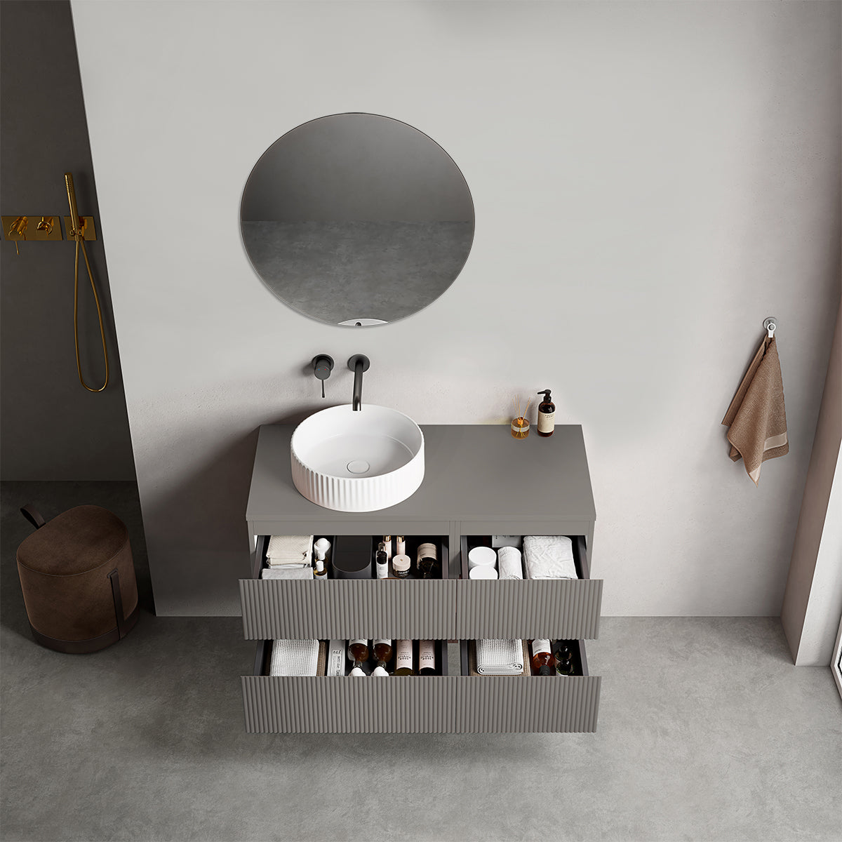 Mobile bagno sospeso cannettato reversibile  100 cm Grigio Londra per Lavabo d'appoggio Specchio Tondo - Fiji Paint Top Canneté