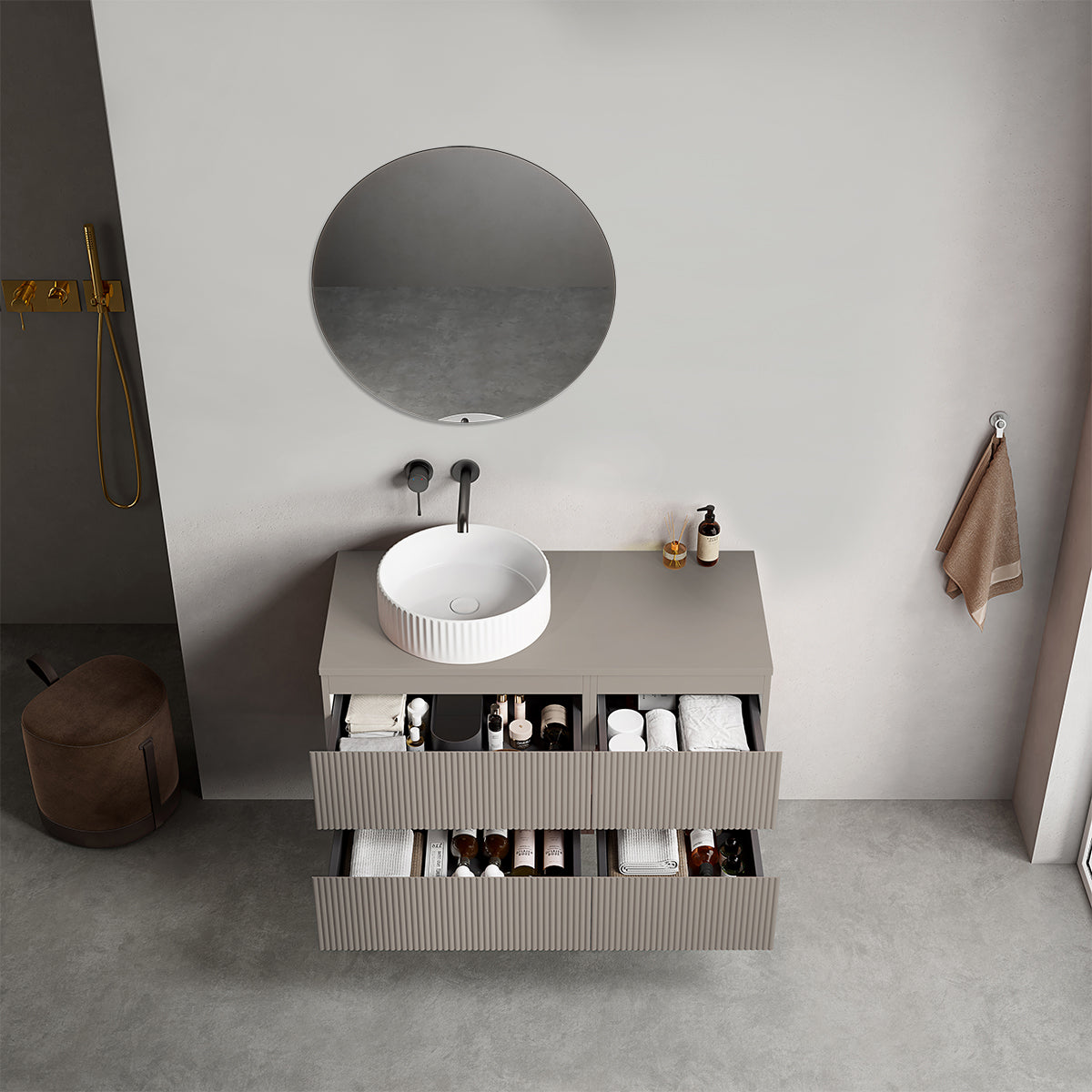 Mobile bagno sospeso cannettato reversibile  100 cm Grigio Cenere  per Lavabo d'appoggio Specchio Tondo - Fiji Paint Top Canneté