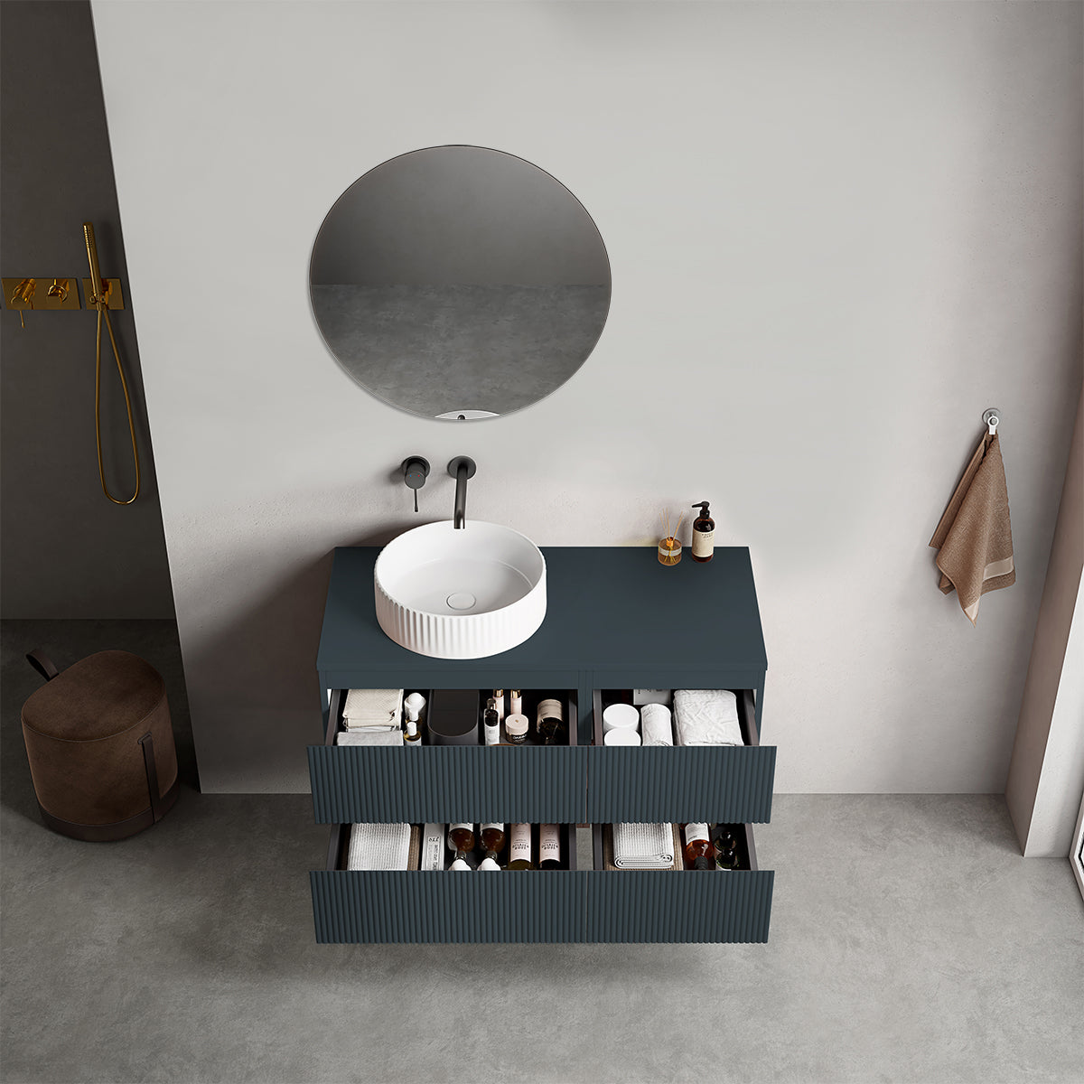 Mobile bagno sospeso cannettato reversibile  100 cm Blu Mare per Lavabo d'appoggio Specchio Tondo - Fiji Paint Top Canneté