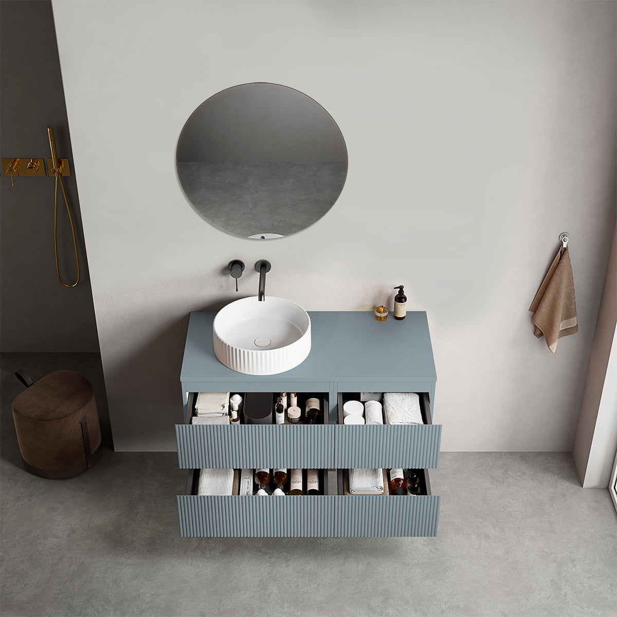 Mobile bagno sospeso cannettato reversibile  100 cm Blu Avio per Lavabo d'appoggio Specchio Tondo - Fiji Paint Top Canneté