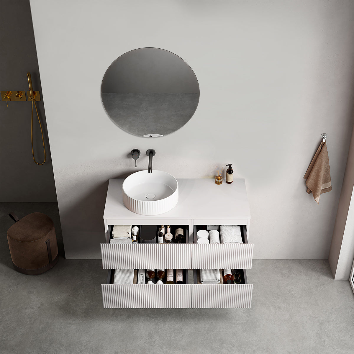 Mobile bagno sospeso cannettato reversibile  100 cm Bianco Opaco per Lavabo d'appoggio Specchio Tondo - Fiji Paint Top Canneté