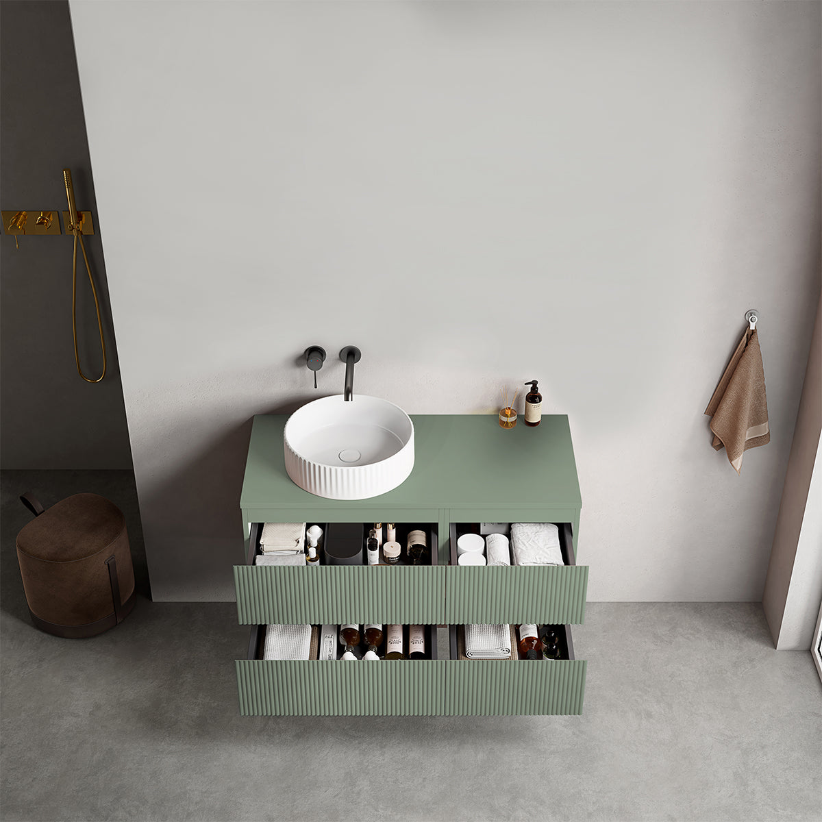 Mobile bagno sospeso cannettato reversibile  100 cm Verde Salvia per Lavabo d'appoggio Senza Specchio - Fiji Paint Top Canneté