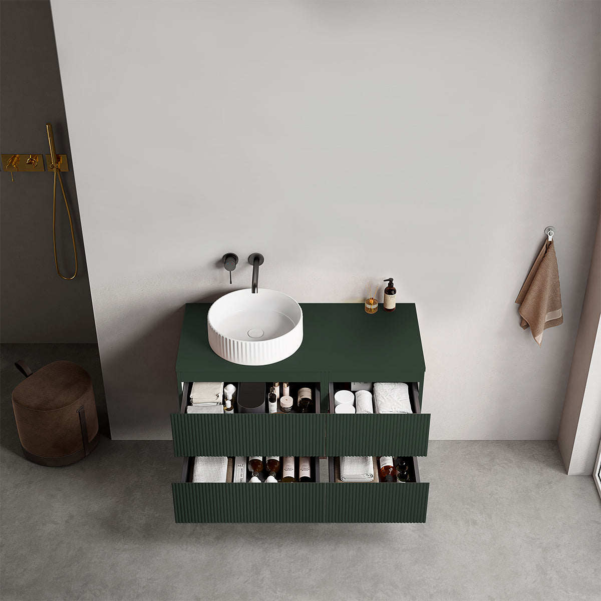 Mobile bagno sospeso cannettato reversibile  100 cm Verde Comodoro  per Lavabo d'appoggio Senza Specchio - Fiji Paint Top Canneté