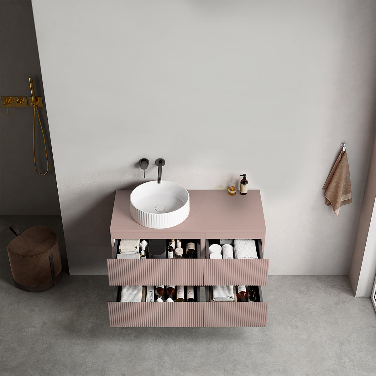 Mobile bagno sospeso cannettato reversibile  100 cm Rosa Retrò per Lavabo d'appoggio Senza Specchio - Fiji Paint Top Canneté