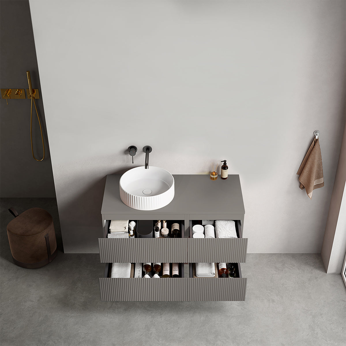 Mobile bagno sospeso cannettato reversibile  100 cm Grigio Londra per Lavabo d'appoggio Senza Specchio - Fiji Paint Top Canneté