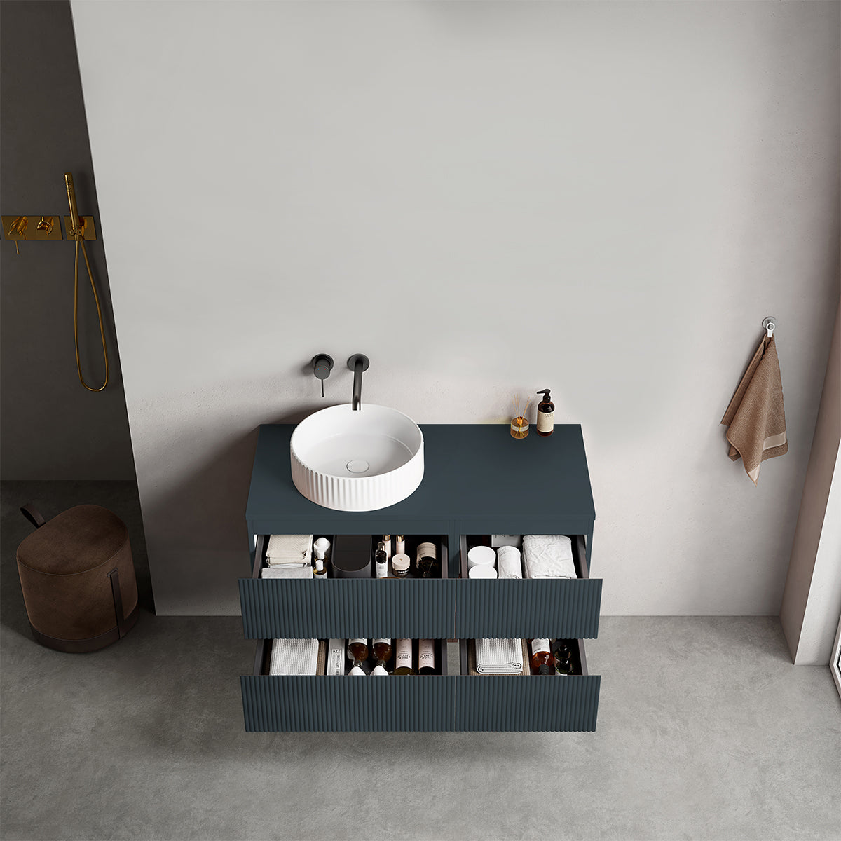 Mobile bagno sospeso cannettato reversibile  100 cm Blu Mare per Lavabo d'appoggio Senza Specchio - Fiji Paint Top Canneté