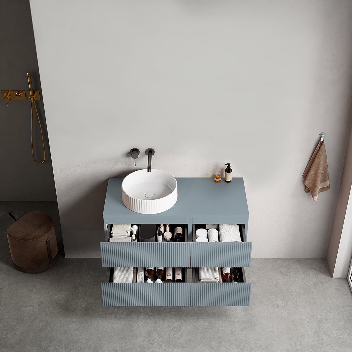 Mobile bagno sospeso cannettato reversibile  100 cm Blu Avio per Lavabo d'appoggio Senza Specchio - Fiji Paint Top Canneté